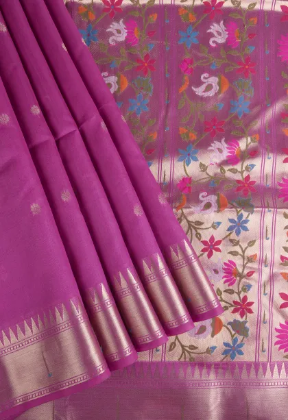 Magenta Purple Semi Tussar Silk with Gold Zari Buttis (small Dots Or Motifs)