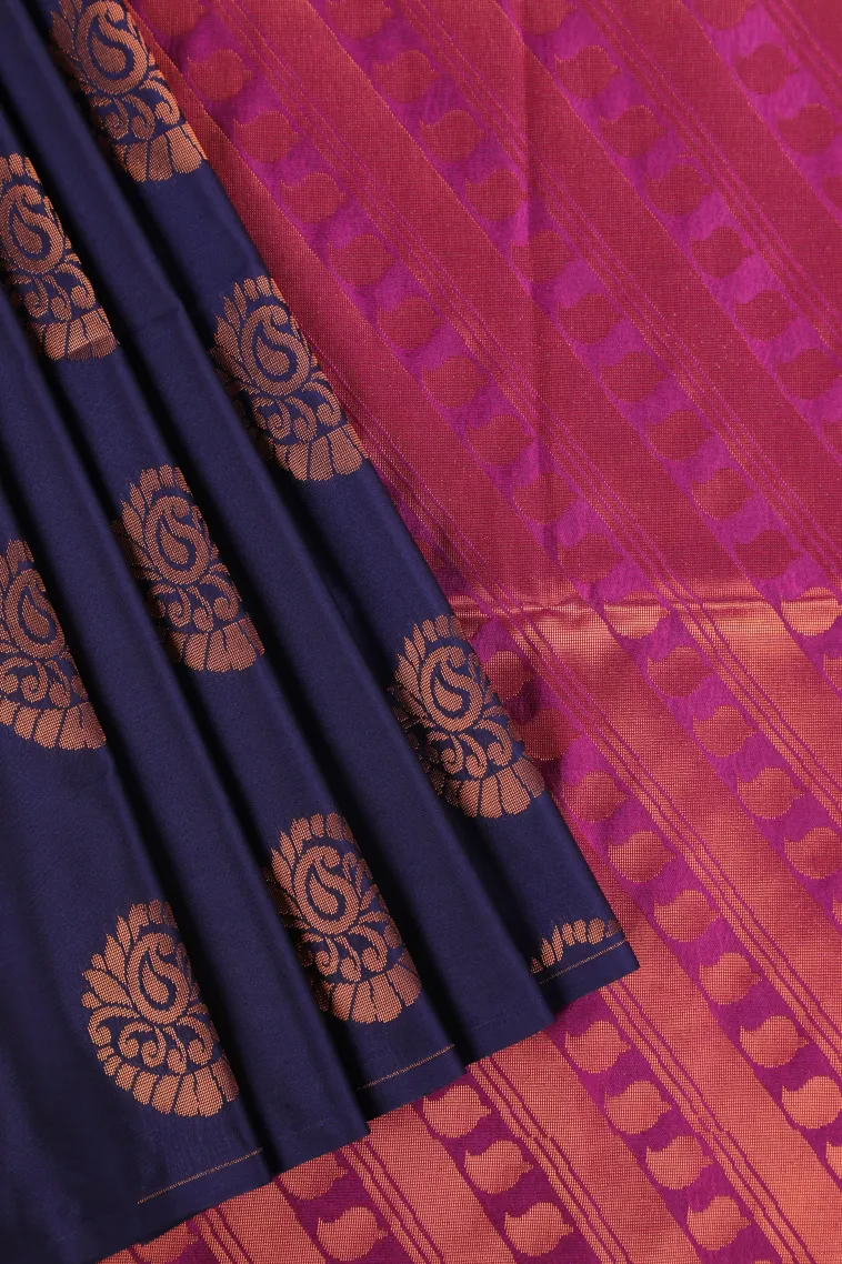 Indigo Blue Soft Silk Saree with Copper Zari Mango Puttas view 1