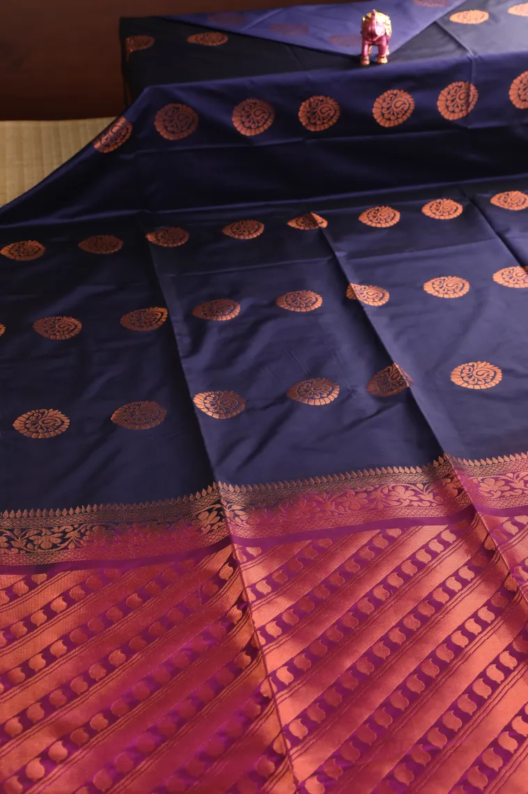 Indigo Blue Soft Silk Saree with Copper Zari Mango Puttas view 2
