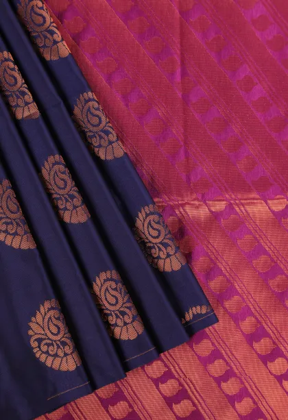 Indigo Blue Soft Silk Saree with Copper Zari Mango Puttas