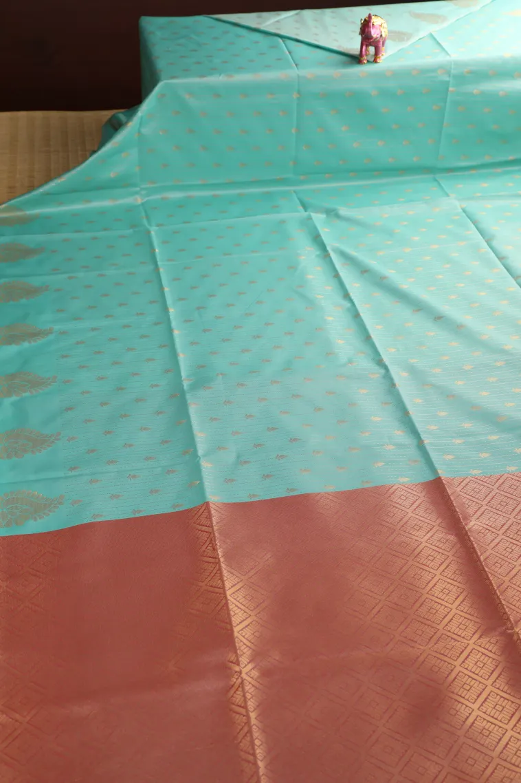 Arctic Blue Soft Silk Saree with Bronze Zari Stripes And Puttas view 2