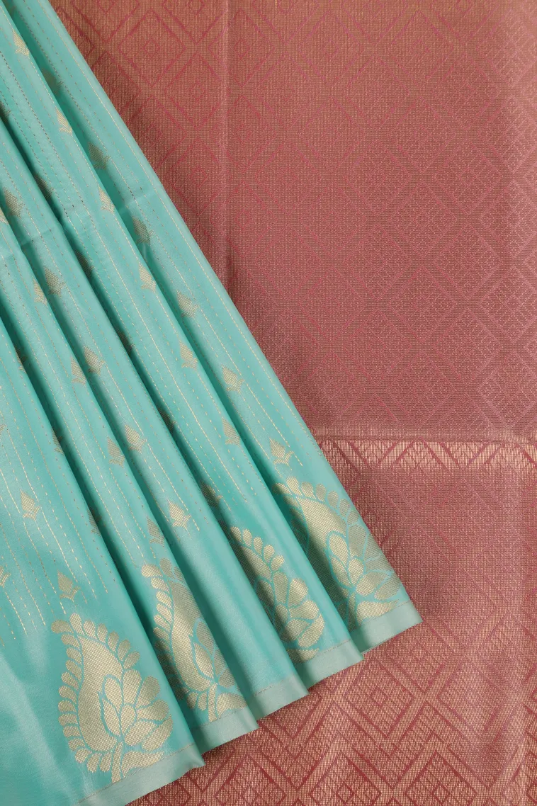 Arctic Blue Soft Silk Saree with Bronze Zari Stripes And Puttas