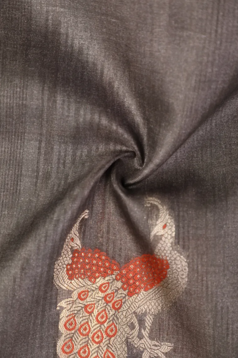 Cedar Brown Semi Tussar Silk with Bronze Zari Peacock Motifs view 4