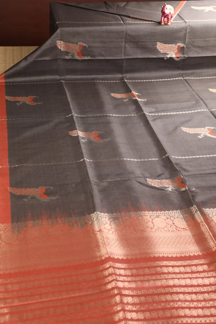 Cedar Brown Semi Tussar Silk with Bronze Zari Peacock Motifs view 2