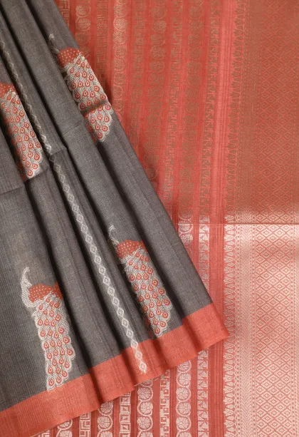 Cedar Brown Semi Tussar Silk with Bronze Zari Peacock Motifs