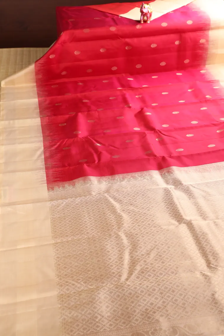 Candy Red Soft Silk Saree with Gold Zari Buttis (small Dots Or Motifs) view 2