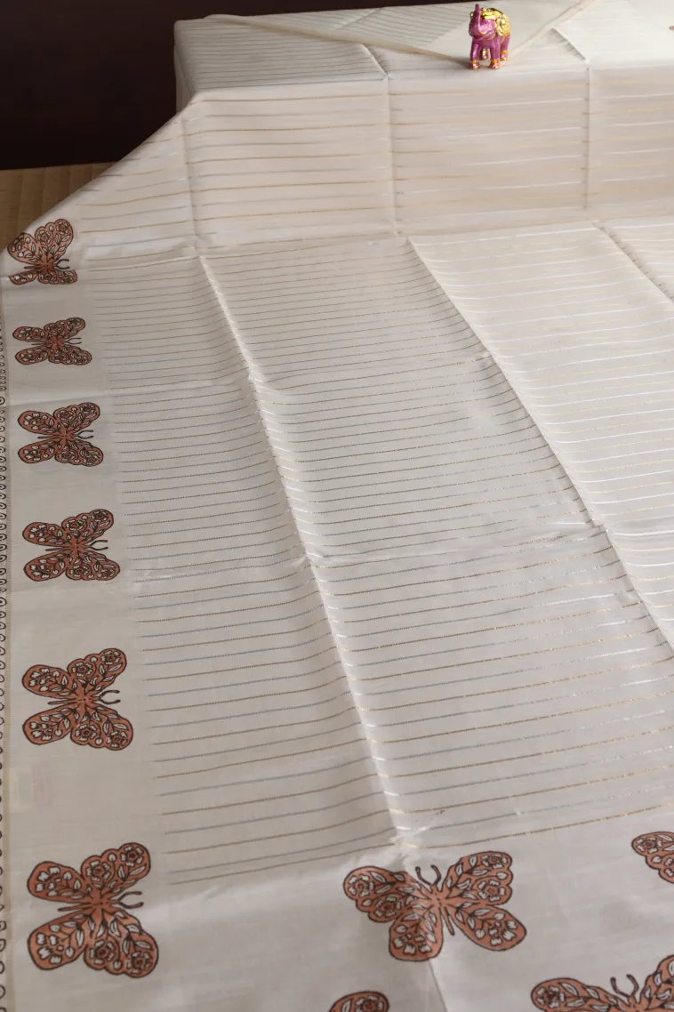 Frost White Tussar Saree with Gold And Silver Zari Stripes view 2