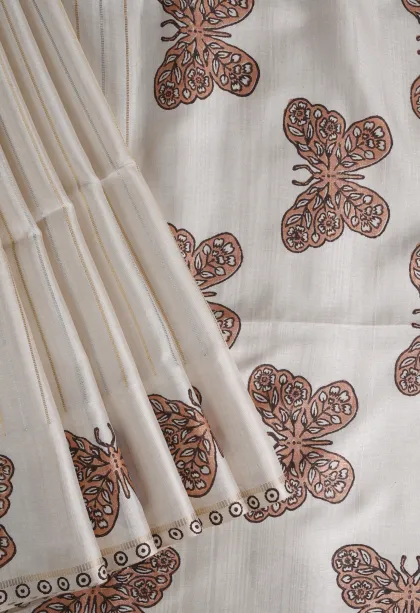 Frost White Tussar Saree with Gold And Silver Zari Stripes