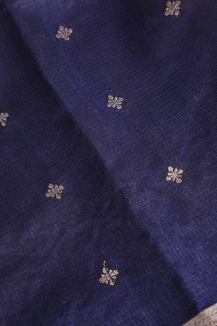 Indigo Blue Manipuri Cotton Sarees with Thread Zari Buttis (small Dots Or Motifs) view 3