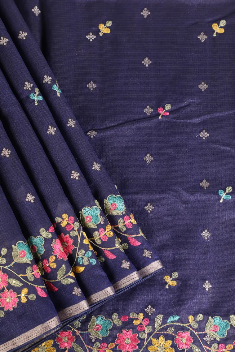 Indigo Blue Manipuri Cotton Sarees with Thread Zari Buttis (small Dots Or Motifs)