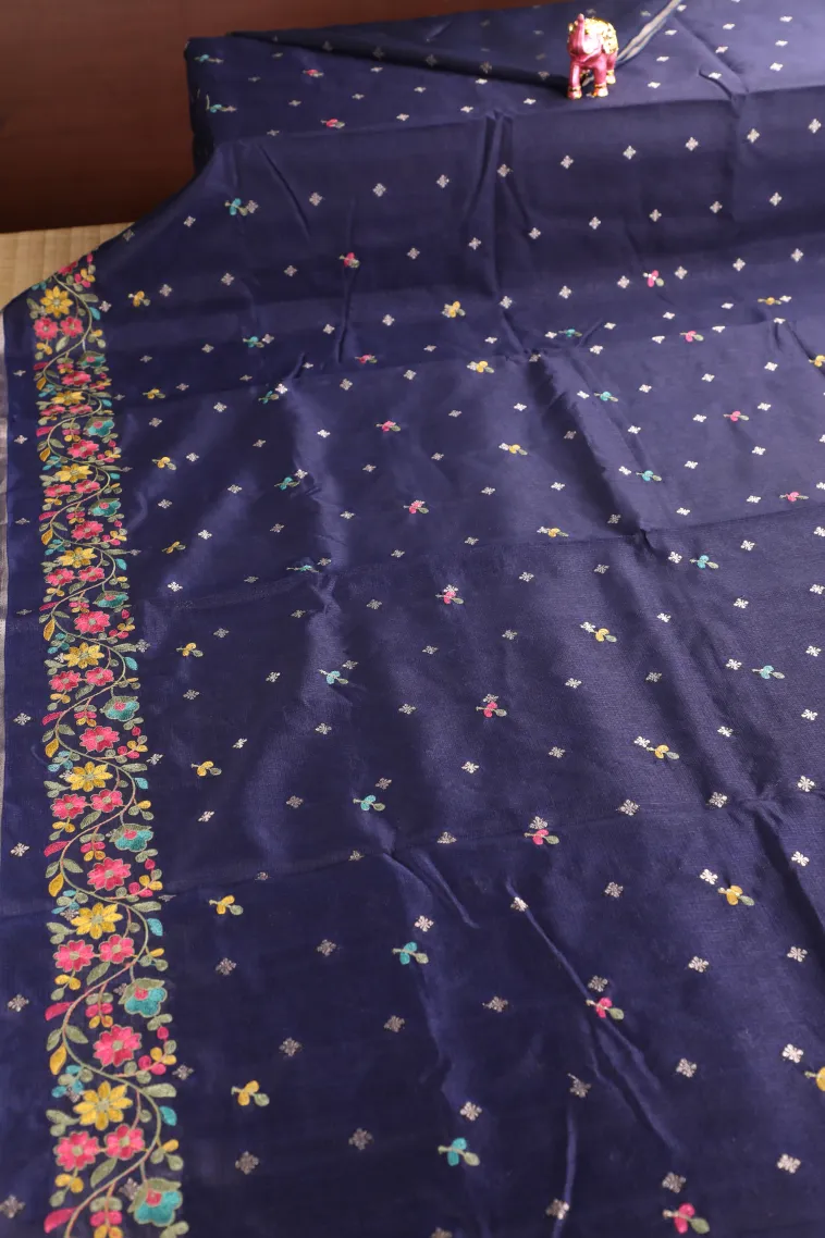 Indigo Blue Manipuri Cotton Sarees with Thread Zari Buttis (small Dots Or Motifs) view 2
