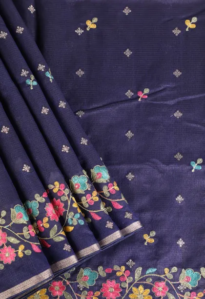 Indigo Blue Manipuri Cotton Sarees with Thread Zari Buttis (small Dots Or Motifs)