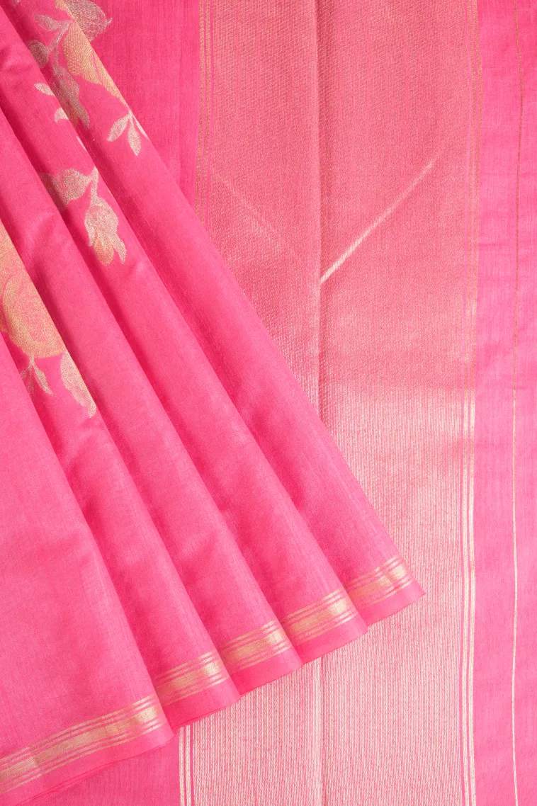 Bubblegum Pink Jute Sarees with Gold And Silver Zari Flower Mottif view 1