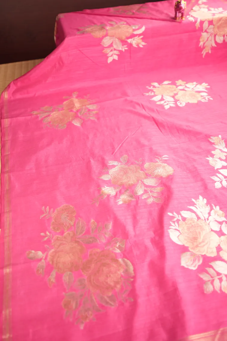 Bubblegum Pink Jute Sarees with Gold And Silver Zari Flower Mottif view 2