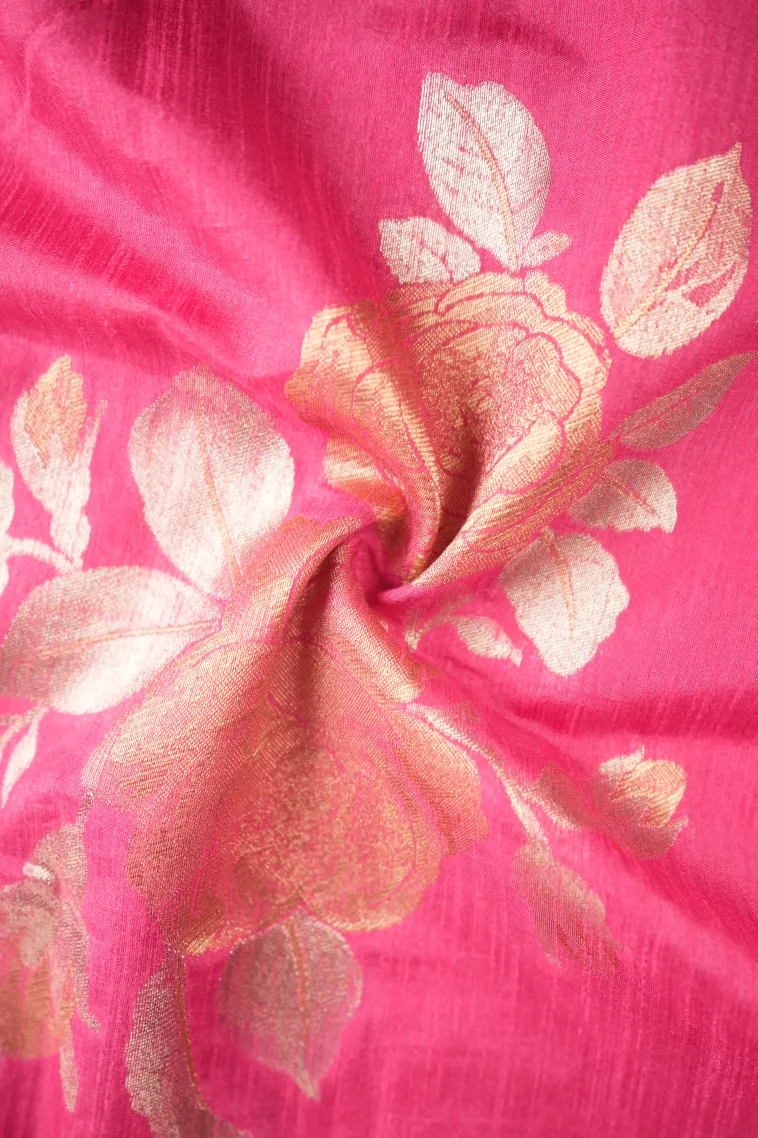 Bubblegum Pink Jute Sarees with Gold And Silver Zari Flower Mottif view 4