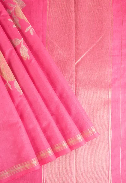 Bubblegum Pink Jute Sarees with Gold And Silver Zari Flower Mottif