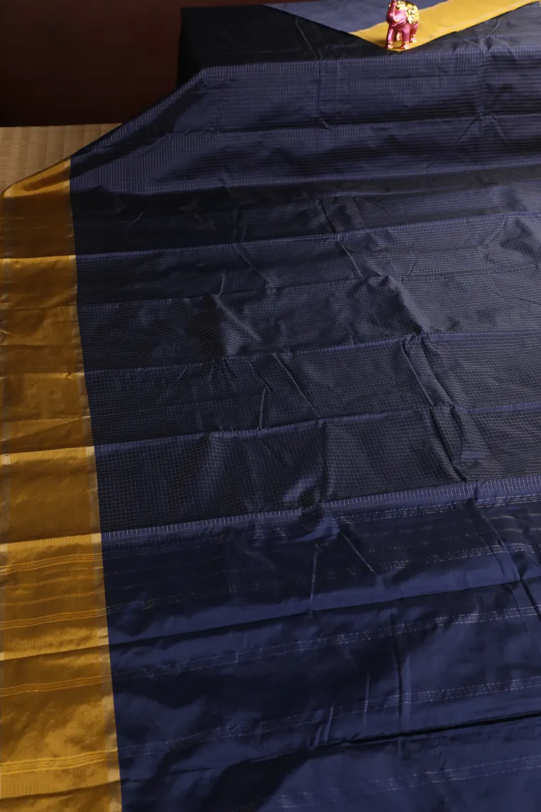 Indigo Blue Arani Silk Sarees with Gold Zari Small Checks Pattern view 2