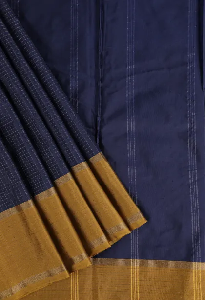 Indigo Blue Arani Silk Sarees with Gold Zari Small Checks Pattern
