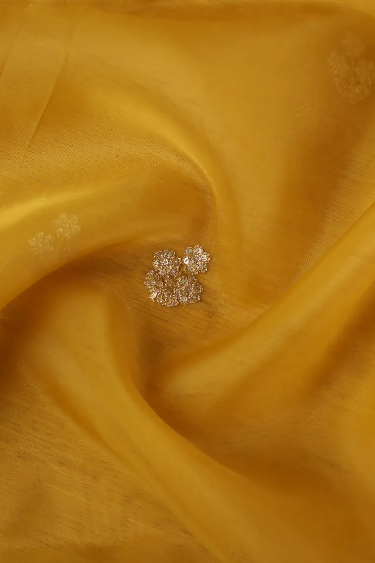 Lemon Yellow Organza Saree with Thread Zari Flower Mottif view 4