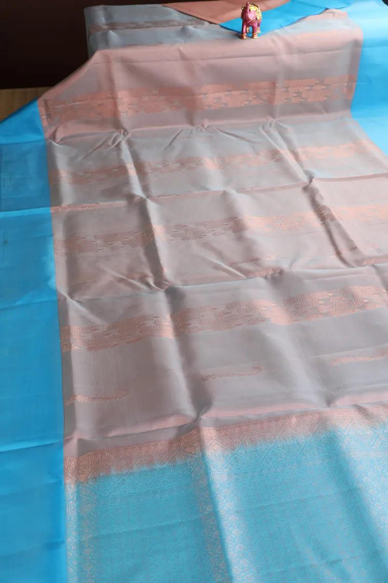Tan Pink Soft Silk Saree with Gold Zari Stripes And Puttas view 2