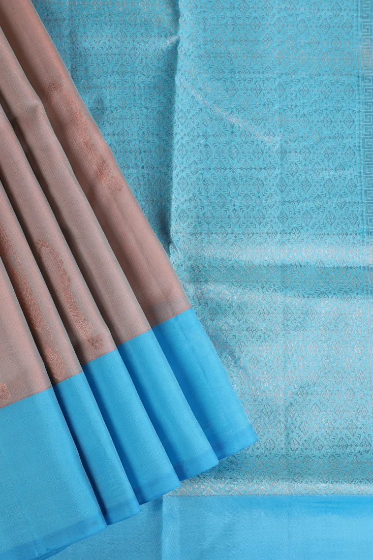 Tan Pink Soft Silk Saree with Gold Zari Stripes And Puttas