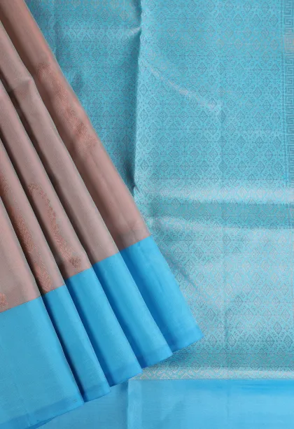 Tan Pink Soft Silk Saree with Gold Zari Stripes And Puttas