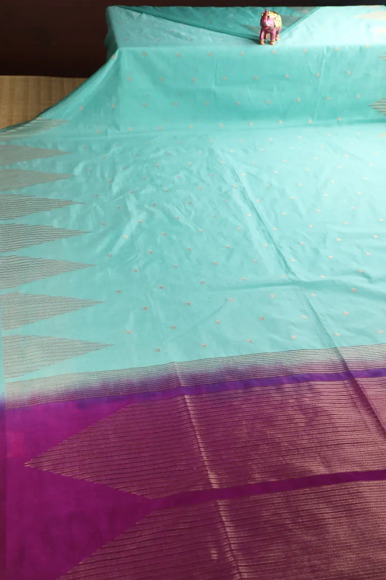 Sky Blue Semi Raw Silk Printed with Gold Zari Buttis (small Dots Or Motifs) view 2