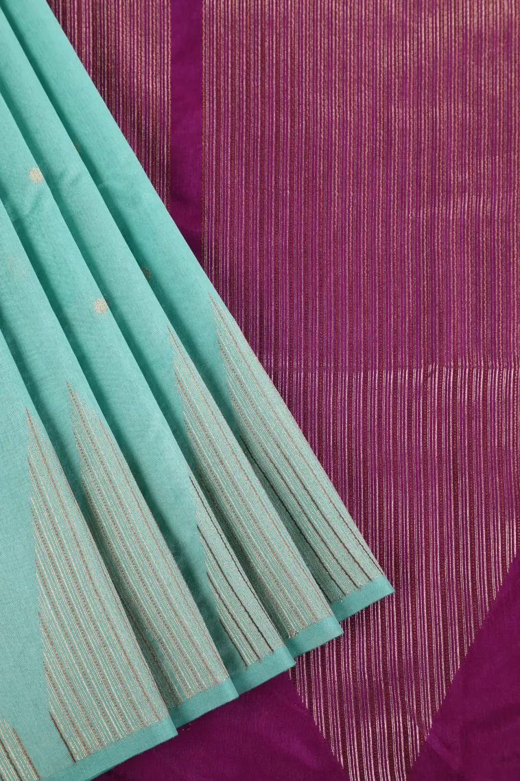 Sky Blue Semi Raw Silk Printed with Gold Zari Buttis (small Dots Or Motifs)