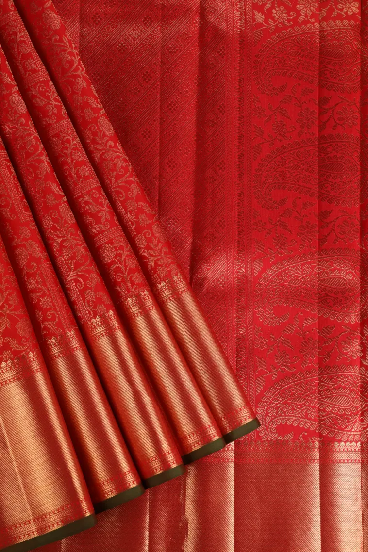 Candy Red Kanchipuram Silk Sarees with Gold Zari Floral Patterns