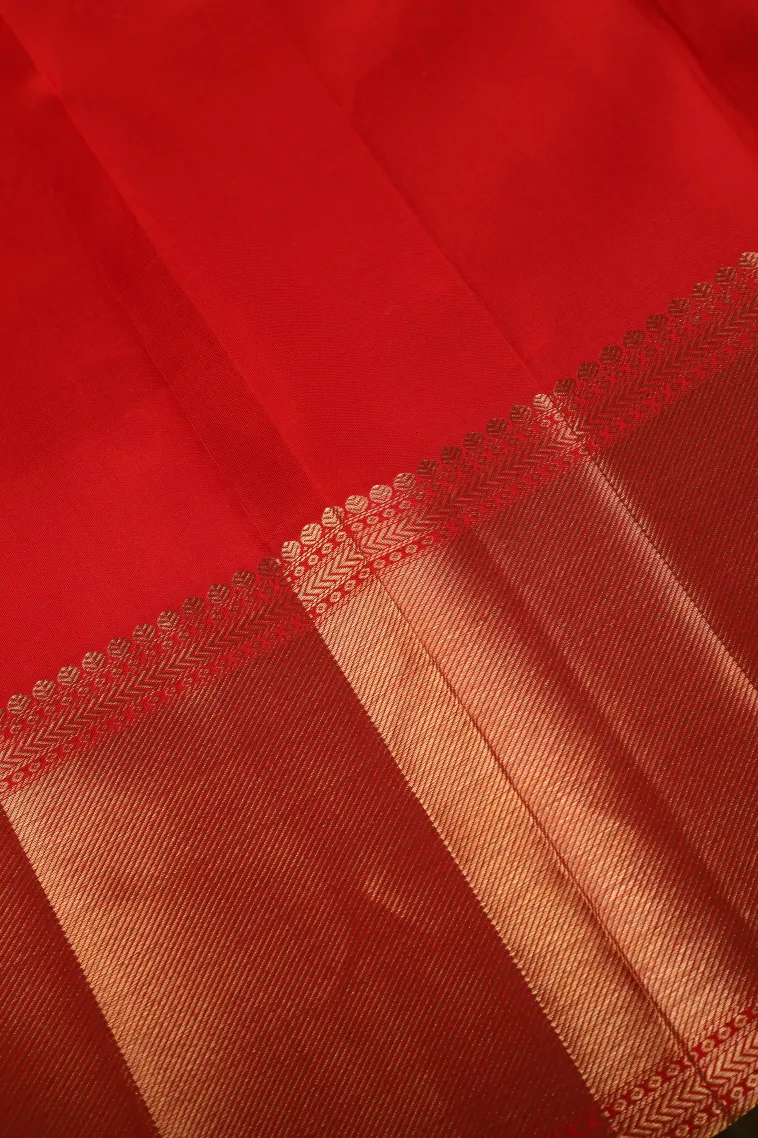 Candy Red Kanchipuram Silk Sarees with Gold Zari Floral Patterns view 3