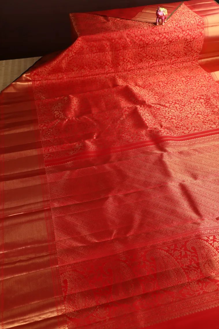 Candy Red Kanchipuram Silk Sarees with Gold Zari Floral Patterns view 2