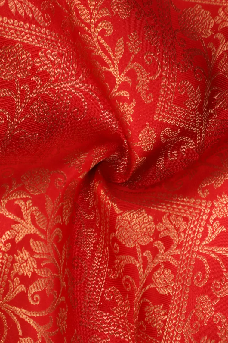 Candy Red Kanchipuram Silk Sarees with Gold Zari Floral Patterns view 4