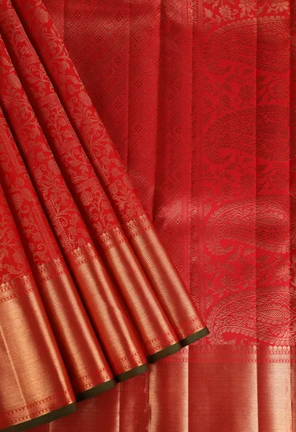 Candy Red Kanchipuram Silk Sarees with Gold Zari Floral Patterns