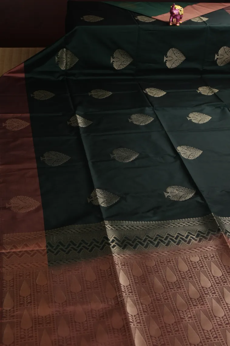 Bottle Green Soft Silk Saree with Gold Zari Tree Mottif view 2