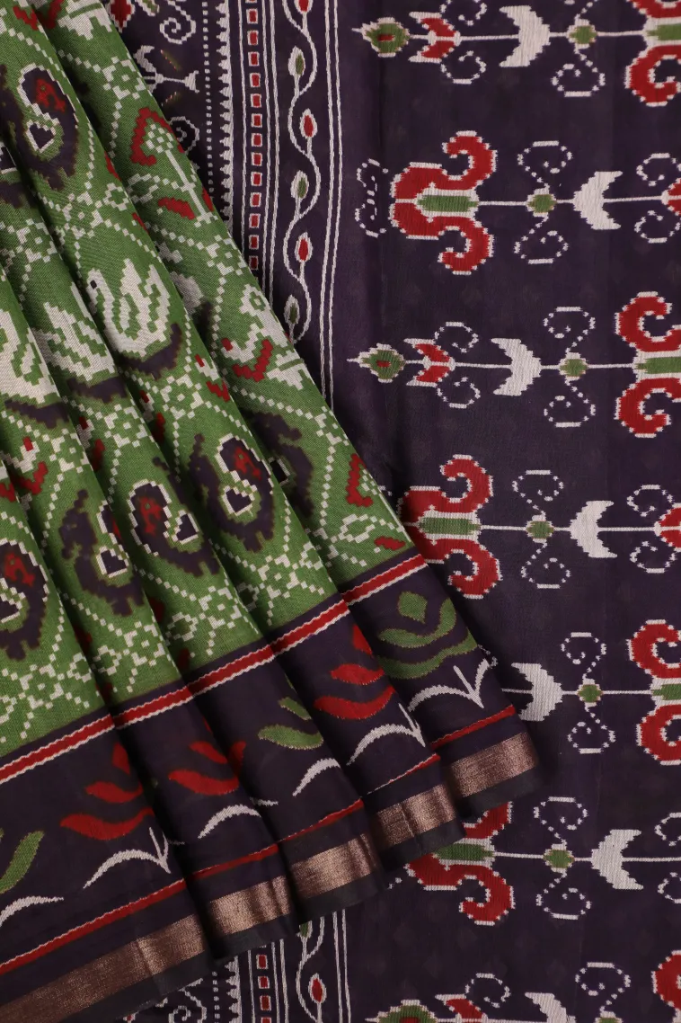 Paris Green Chanderi Cotton Sarees with Gold Zari Birds Mottif view 1