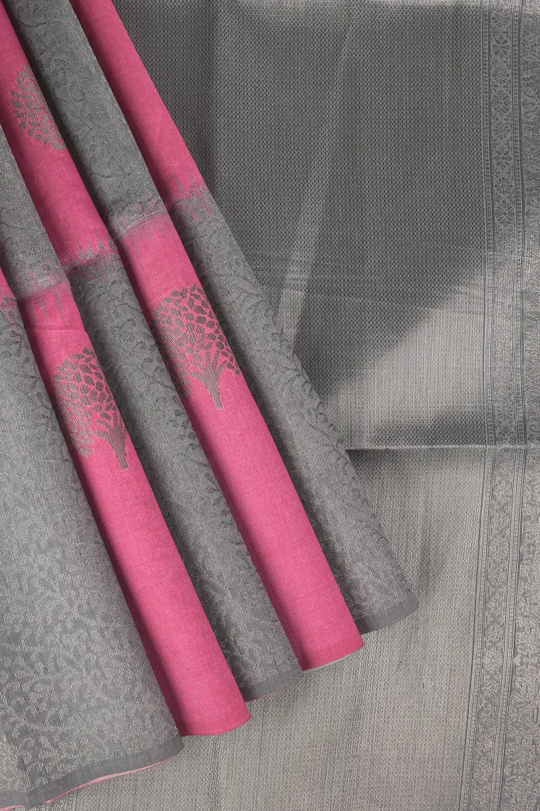Magenta Pink Tussar Saree with Antic Zari Checks
