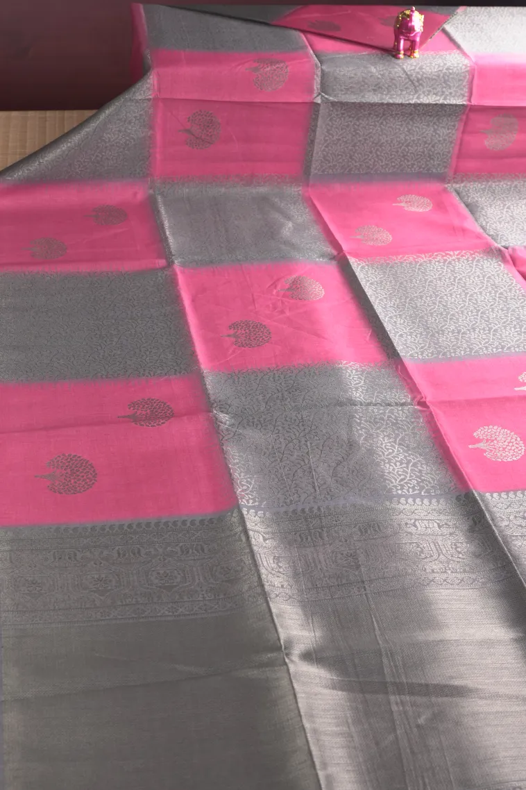 Magenta Pink Tussar Saree with Antic Zari Checks view 2