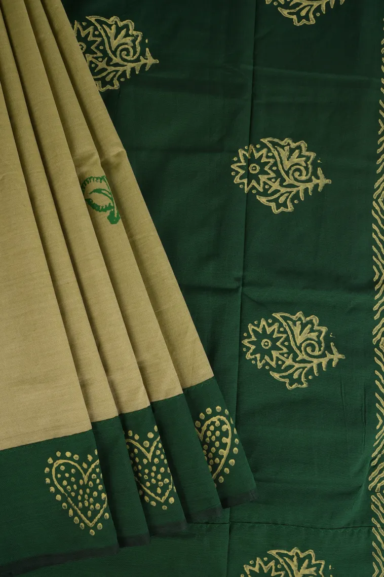 Olive Green Poly Cotton Sarees Without Zari With Flower Mottif view 1