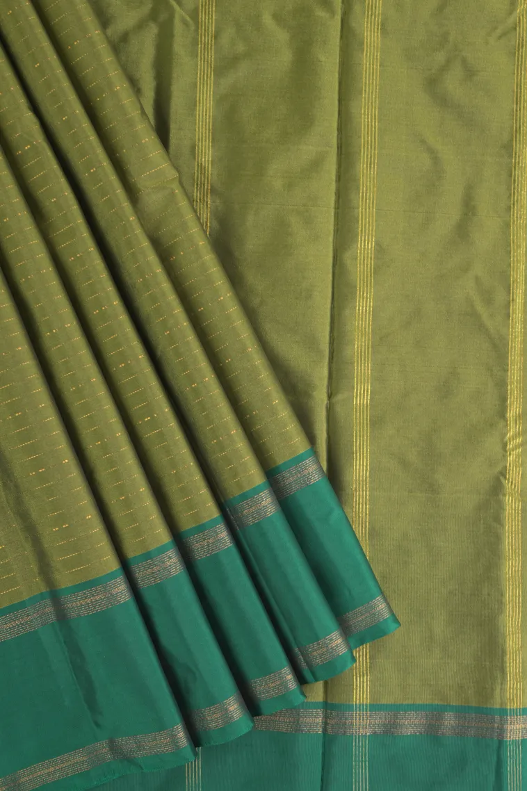 Olive Green Arani Silk Sarees with Gold Zari Cross Stripes view 1