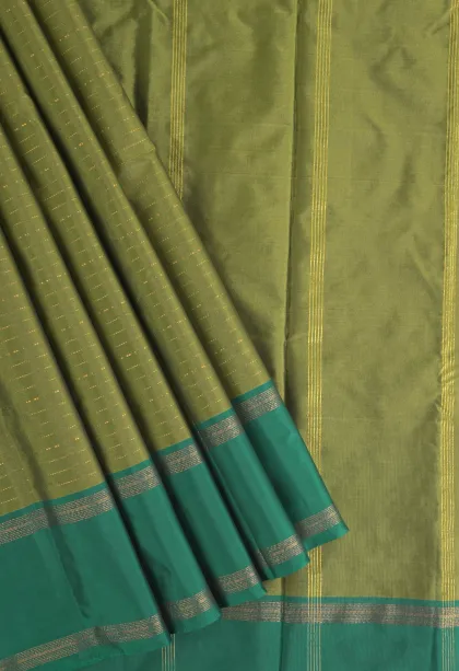 Olive Green Arani Silk Sarees with Gold Zari Cross Stripes