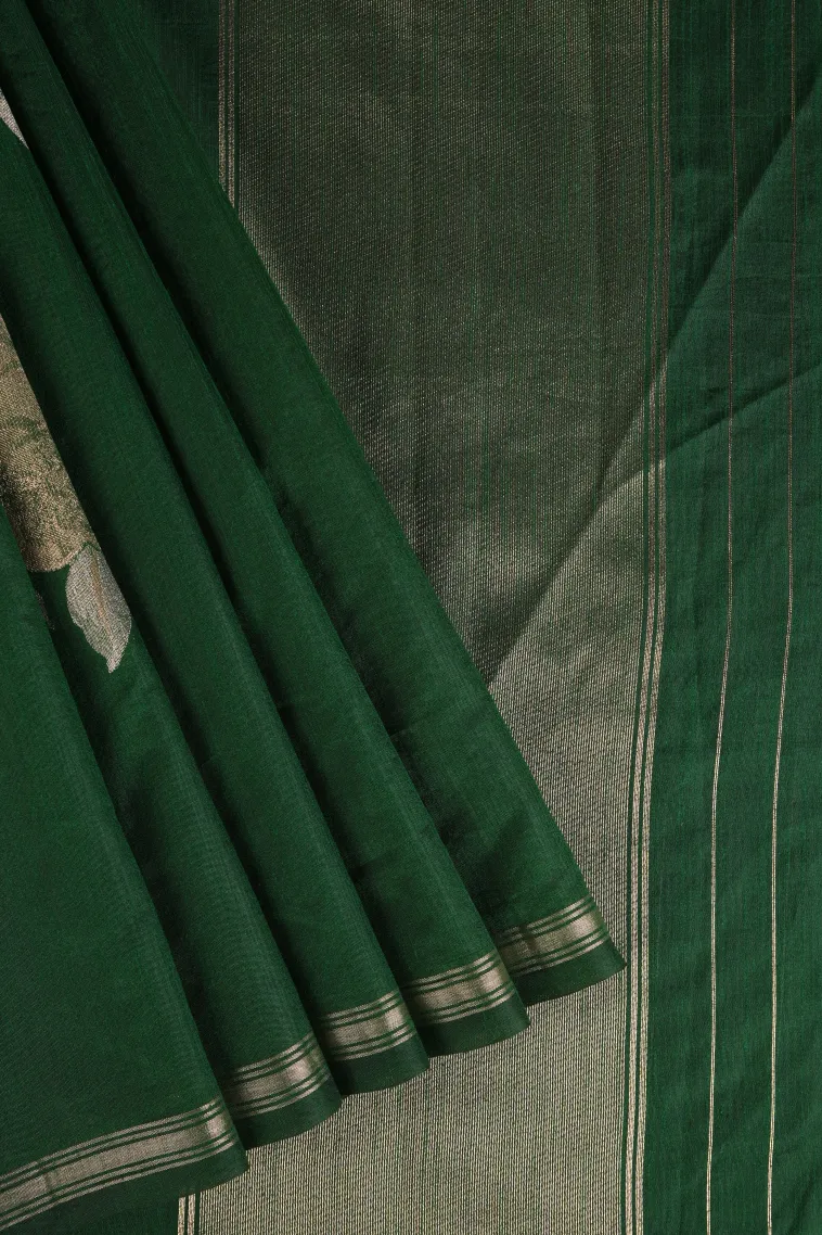 Seaweed Green Jute Sarees with Gold And Silver Zari Flower Mottif