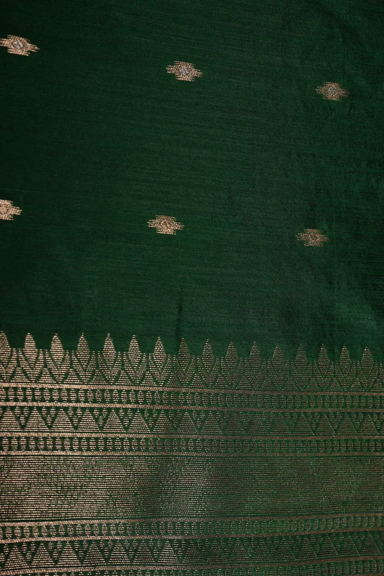 Seaweed Green Jute Sarees with Gold And Silver Zari Flower Mottif view 3