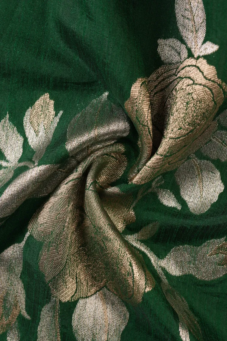 Seaweed Green Jute Sarees with Gold And Silver Zari Flower Mottif view 4