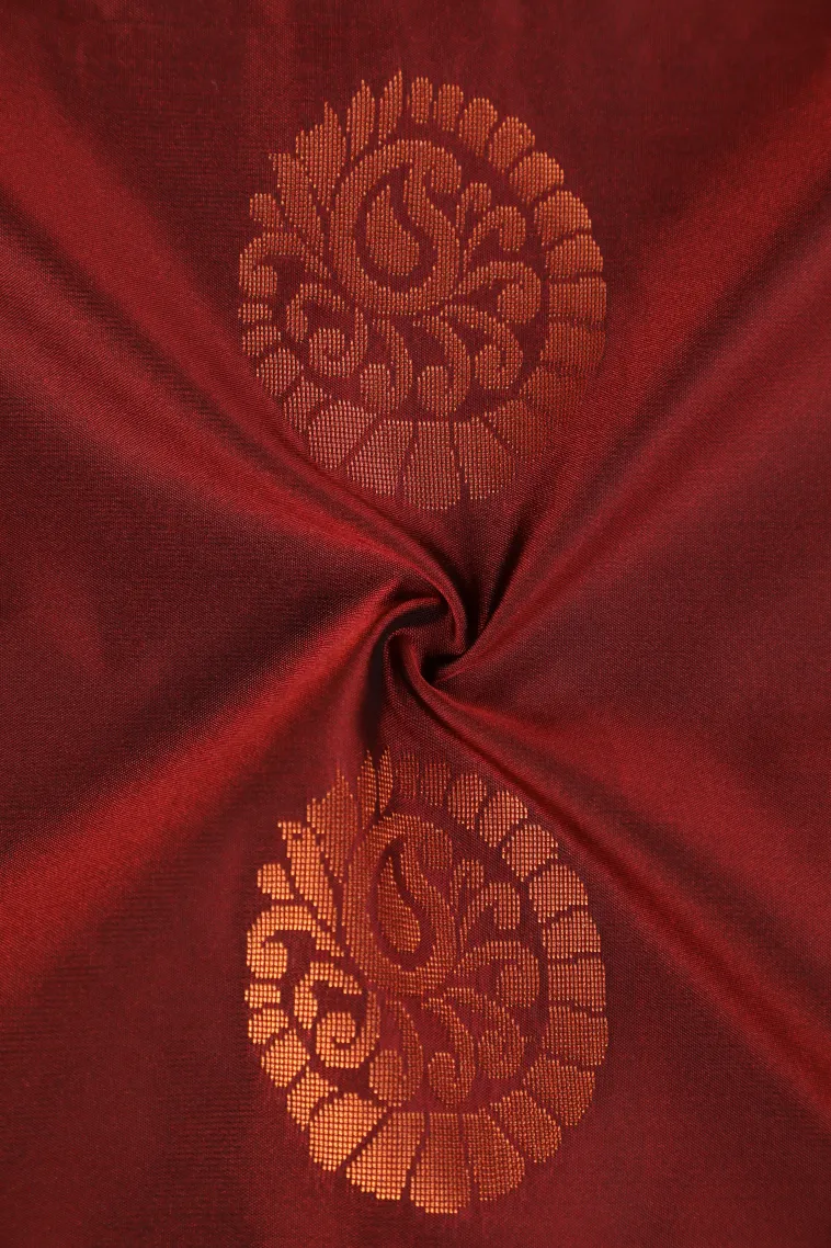 Berry Red Soft Silk Saree with Copper Zari Mango Puttas view 4