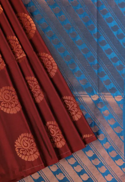 Berry Red Soft Silk Saree with Copper Zari Mango Puttas