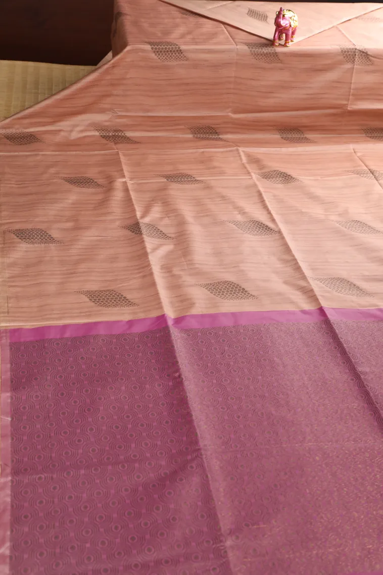 Tan Pink Soft Silk Saree with Antic Zari Leaf Puttas view 2