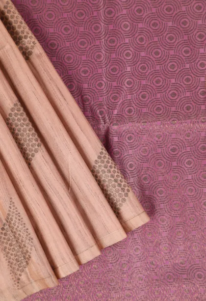 Tan Pink Soft Silk Saree with Antic Zari Leaf Puttas