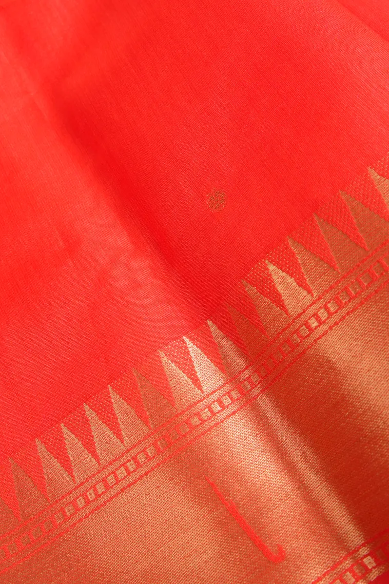 Candy Red Semi Tussar Silk with Gold Zari Buttis (small Dots Or Motifs) view 3