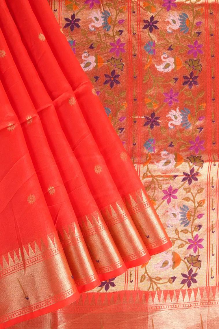Candy Red Semi Tussar Silk with Gold Zari Buttis (small Dots Or Motifs) view 1
