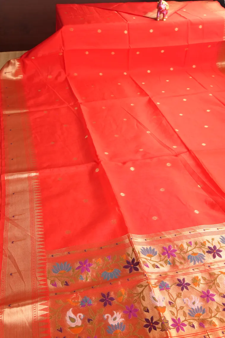 Candy Red Semi Tussar Silk with Gold Zari Buttis (small Dots Or Motifs) view 2